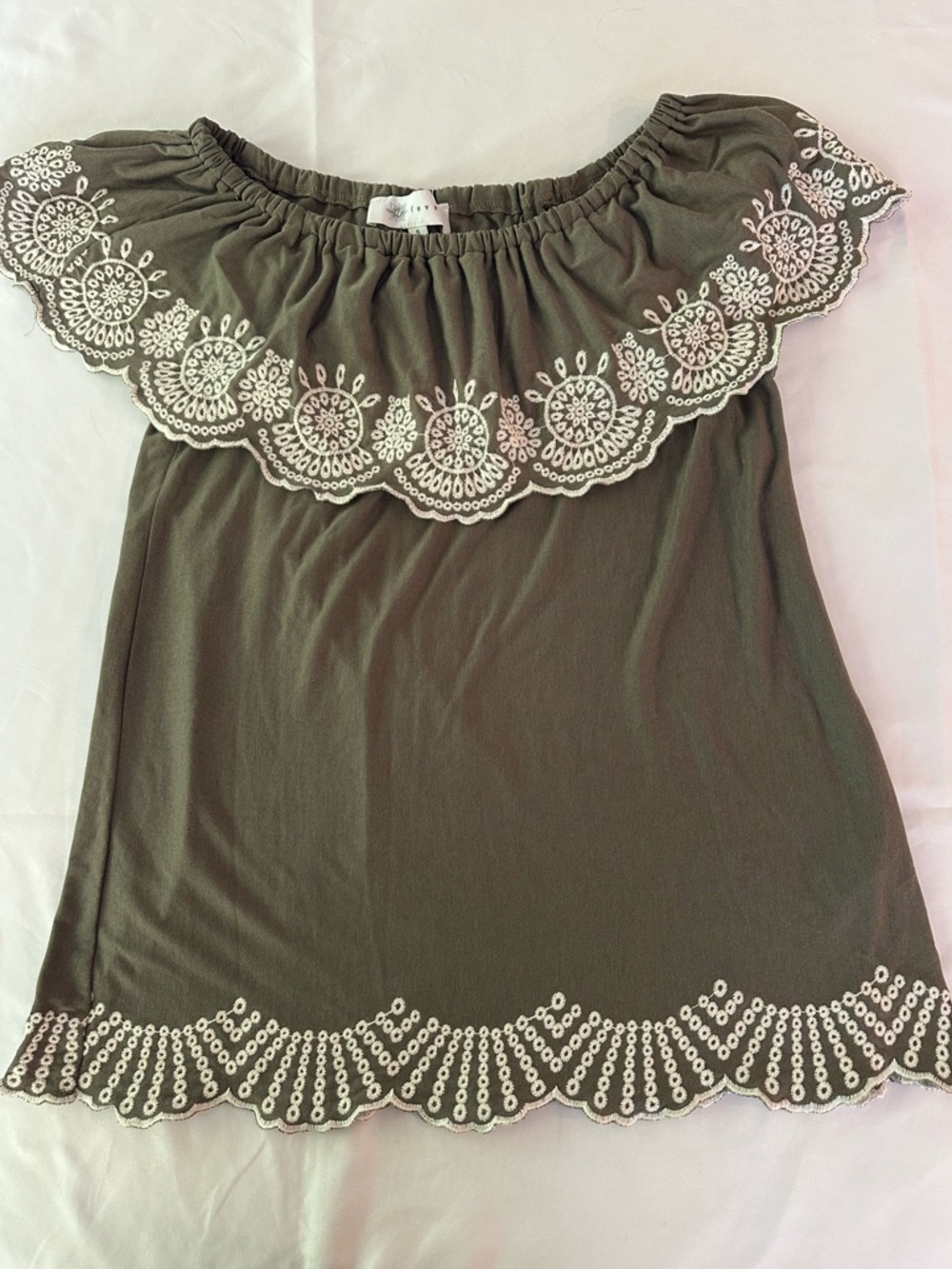 Fever Women’s Olive Green Off-Shoulder Top with White Embroidery Sz. S